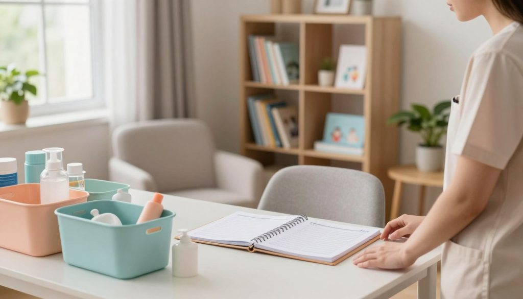 A beautifully organized caregiving space within a cozy home environment. In the foreground, a neatly arranged table displays colorful bins for supplies, along with a planner and caregiving resources. The middle portion features a comfortable chair next to a well-organized bookshelf filled with caregiving books and materials, all in soft pastel colors. In the background, a window allows natural light to pour in, illuminating soft curtains and a vibrant indoor plant, creating a warm atmosphere. The scene conveys calmness and efficiency, perfect for caregivers. The lighting is soft, emphasizing warmth and tranquility, while the angle captures the inviting nature of the space. All human figures are depicted in neat, professional casual attire, showing engagement in the caregiving process. A beautifully organized caregiving space within a cozy home environment. In the foreground, a neatly arranged table displays colorful bins for supplies, along with a planner and caregiving resources. The middle portion features a comfortable chair next to a well-organized bookshelf filled with caregiving books and materials, all in soft pastel colors. In the background, a window allows natural light to pour in, illuminating soft curtains and a vibrant indoor plant, creating a warm atmosphere. The scene conveys calmness and efficiency, perfect for caregivers. The lighting is soft, emphasizing warmth and tranquility, while the angle captures the inviting nature of the space. All human figures are depicted in neat, professional casual attire, showing engagement in the caregiving process.