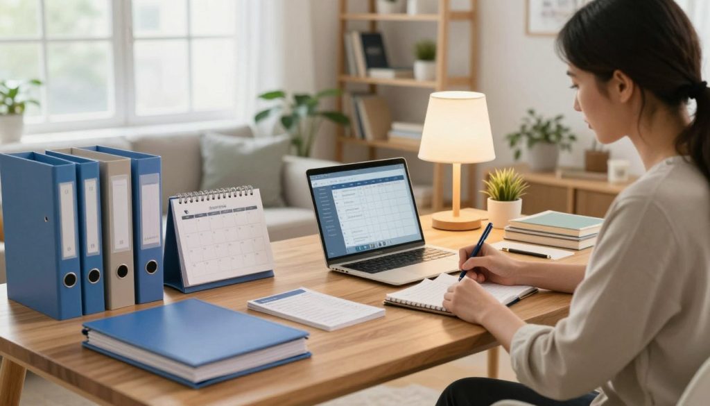 A beautifully organized home office setting dedicated to caregiving routines, featuring a large wooden desk with neatly arranged folders, calendars, and a laptop open to a caregiving schedule. In the foreground, a caregiver, dressed in smart casual attire, is shown writing notes with a focused expression, while a warm, inviting lamp casts soft light on their workspace. The middle ground includes shelves filled with resources like books and lists related to home care strategies. In the background, bright windows let in natural daylight, illuminating a cozy living area with plants and comfortable seating, creating a serene, productive atmosphere. The overall mood should be calm and organized, reflecting the efficiency of a well-structured caregiving routine. A beautifully organized home office setting dedicated to caregiving routines, featuring a large wooden desk with neatly arranged folders, calendars, and a laptop open to a caregiving schedule. In the foreground, a caregiver, dressed in smart casual attire, is shown writing notes with a focused expression, while a warm, inviting lamp casts soft light on their workspace. The middle ground includes shelves filled with resources like books and lists related to home care strategies. In the background, bright windows let in natural daylight, illuminating a cozy living area with plants and comfortable seating, creating a serene, productive atmosphere. The overall mood should be calm and organized, reflecting the efficiency of a well-structured caregiving routine.