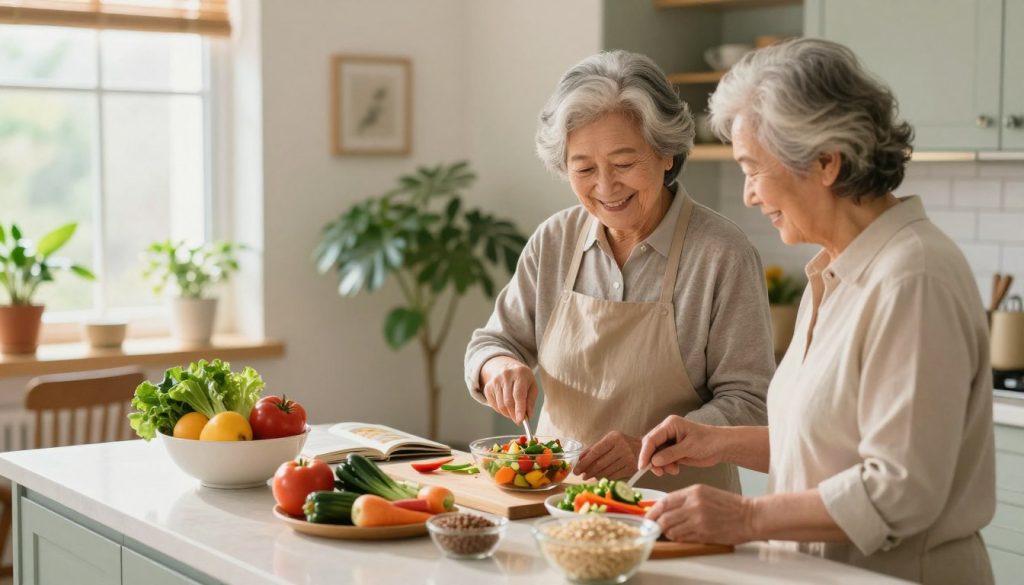 A bright and inviting kitchen scene focused on senior nutrition and wellness. In the foreground, a cheerful elderly couple, dressed in modest casual clothing, are preparing a colorful, nutritious meal together, surrounded by fresh vegetables and whole grains. In the middle, a well-organized countertop displays a bowl of vibrant fruits and a recipe book, with a window letting in warm, natural light that enhances the atmosphere. In the background, lush houseplants and a cozy dining area complete the setting, creating a sense of warmth and tranquility. The mood is uplifting and supportive, emphasizing a harmonious lifestyle. The lighting is soft and inviting, capturing the essence of a healthy, fulfilling life.