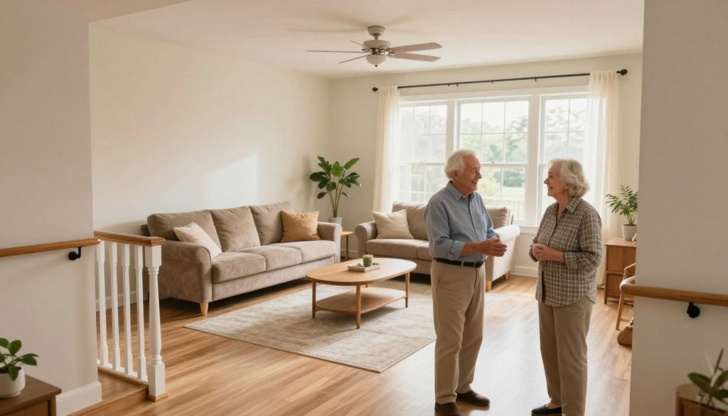 A bright, inviting living room designed for senior safety, featuring wide walkways and sturdy handrails along the walls. In the foreground, a senior couple, dressed in modest casual clothing, smiles as they discuss home adjustments. The middle of the scene includes accessible furniture, like a plush sofa with removable cushions and a coffee table with rounded edges. Safety features such as non-slip rugs and proper lighting fixtures highlight the room's functionality. In the background, large windows allow warm natural light to fill the space, enhancing the cheerful atmosphere. The camera angle is slightly elevated, capturing the entire room while focusing on the couple’s engaged expressions, conveying a sense of comfort and security in their home.