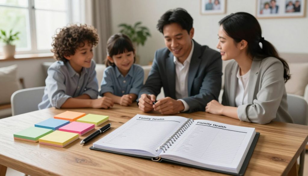 A serene and organized family care planning guide displayed prominently on a wooden table. In the foreground, a beautifully arranged selection of colorful sticky notes and a sleek pen, alongside a well-structured open binder filled with neatly labeled sections on family health, budgeting, and emergency contacts. In the middle ground, a diverse family seated together, dressed in professional business attire, discussing the guide with smiles and thoughtful expressions, depicting teamwork and unity. In the background, soft natural light streams through a window, illuminating a cozy living room environment with plants and family photos, conveying a warm and inviting atmosphere of care and connection. The overall mood is one of positivity and proactive planning for wellbeing. A serene and organized family care planning guide displayed prominently on a wooden table. In the foreground, a beautifully arranged selection of colorful sticky notes and a sleek pen, alongside a well-structured open binder filled with neatly labeled sections on family health, budgeting, and emergency contacts. In the middle ground, a diverse family seated together, dressed in professional business attire, discussing the guide with smiles and thoughtful expressions, depicting teamwork and unity. In the background, soft natural light streams through a window, illuminating a cozy living room environment with plants and family photos, conveying a warm and inviting atmosphere of care and connection. The overall mood is one of positivity and proactive planning for wellbeing.
