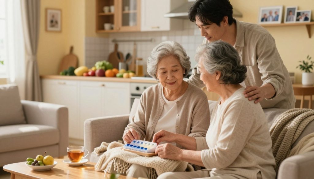 A serene home setting featuring a caring adult and an elderly parent engaged in a daily care routine. In the foreground, the adult, dressed in modest casual clothing, is helping the elderly parent, who has soft gray hair and is seated comfortably in an inviting living room. They are surrounded by everyday items like a pill organizer, a cup of tea, and a cozy throw blanket. In the middle, a well-lit kitchen can be seen, showcasing a healthy meal preparation process, with fresh fruits and vegetables. The background includes warm wall colors, family photos, and gentle sunlight streaming through a window, creating a peaceful atmosphere. The composition evokes warmth, care, and routine, with soft lighting to enhance the comforting mood.
