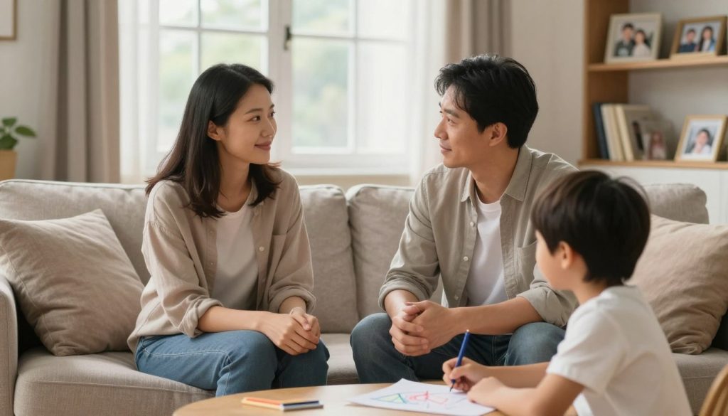 A serene living room setting filled with warmth and comfort, depicting a family engaging in various coping strategies for mental health support. In the foreground, a mother and father are seated on a cozy couch, sharing a heartwarming conversation, both dressed in modest casual clothing. A child can be seen drawing on a nearby table, illustrating creativity as a coping method. In the middle ground, a large window allows soft, natural light to filter in, enhancing the comforting atmosphere. In the background, shelves are adorned with books and framed photos, symbolizing family unity and support. The mood is uplifting and hopeful, conveying a sense of togetherness and resilience in the face of mental health challenges. The scene is framed with a shallow depth of field, focusing on the family’s expressions and interactions.