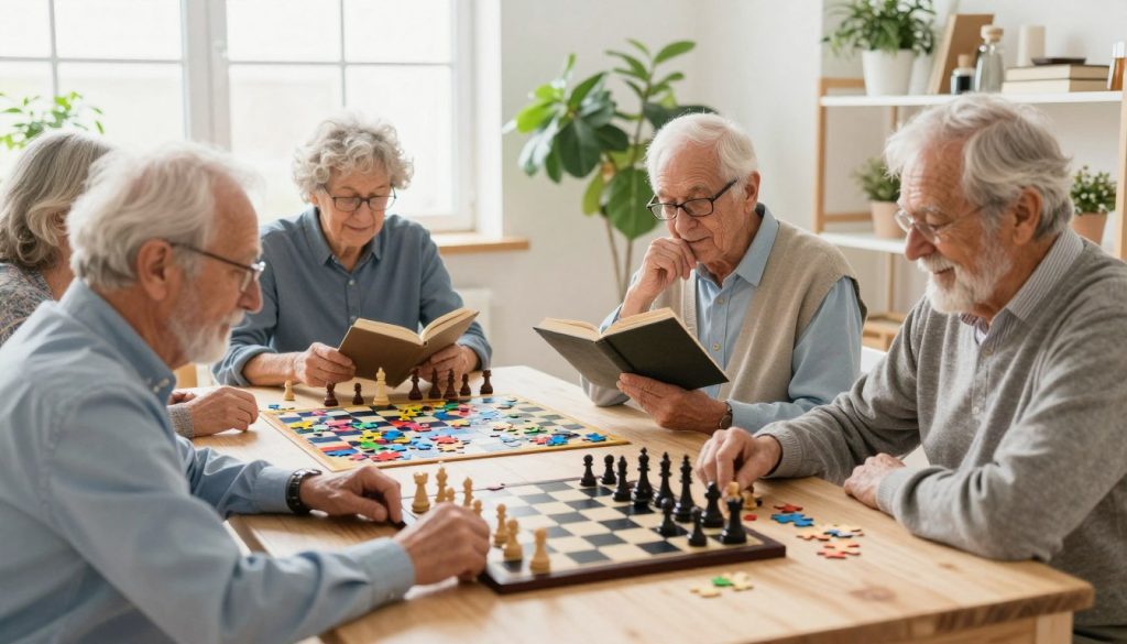 A serene, well-lit room filled with senior individuals engaged in various brain-boosting activities. In the foreground, a group of elderly people, dressed in modest casual clothing, joyfully playing a game of chess, demonstrating focus and social interaction. In the middle ground, another pair is seated at a table, working on a large jigsaw puzzle, with colorful pieces scattered around them, while a third elderly person is seen reading an engaging book with a thoughtful expression. The background showcases a bright and inviting atmosphere with houseplants and soft lighting filtering through large windows, emphasizing a cozy and uplifting environment. The overall mood is one of camaraderie, mental stimulation, and warmth, focusing on enhancing mental well-being through social and cognitive engagement.