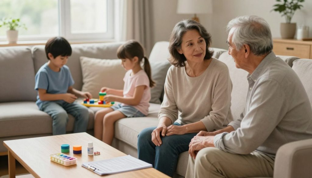 A warm and inviting family caregiving system in action, set in a cozy living room. In the foreground, a middle-aged woman, dressed in modest casual clothing, sits comfortably with an elderly man on a sofa, both engaged in a supportive conversation. On the coffee table, there are items like pill organizers and care plans, symbolizing organized caregiving. In the middle ground, two children, one boy and one girl, are seen playing with educational toys, highlighting the importance of family involvement. In the background, a window lets in soft, natural light, creating a comforting atmosphere. The overall mood is peaceful and nurturing, reflecting the essence of a supportive family environment. Capture this scene with a warm color palette and soft focus for an inviting look. A warm and inviting family caregiving system in action, set in a cozy living room. In the foreground, a middle-aged woman, dressed in modest casual clothing, sits comfortably with an elderly man on a sofa, both engaged in a supportive conversation. On the coffee table, there are items like pill organizers and care plans, symbolizing organized caregiving. In the middle ground, two children, one boy and one girl, are seen playing with educational toys, highlighting the importance of family involvement. In the background, a window lets in soft, natural light, creating a comforting atmosphere. The overall mood is peaceful and nurturing, reflecting the essence of a supportive family environment. Capture this scene with a warm color palette and soft focus for an inviting look.