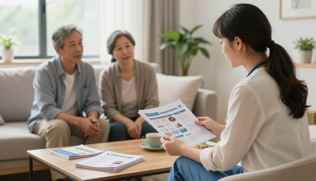 A warm and inviting scene depicting a professional caregiver consulting with a family in a bright, comfortable living room setting. In the foreground, the caregiver, dressed in smart casual attire, is showing a resource guide to a middle-aged couple, who look engaged and reassured. In the middle, a coffee table is adorned with brochures and pamphlets about caregiver support services. In the background, large windows allow soft, natural light to pour in, casting a cozy glow. A few houseplants enhance the atmosphere of care and support. The overall mood is one of empathy, collaboration, and reassurance, emphasizing the importance of accessing resources for family caregiving. The image should be captured at eye level with a slightly blurred background to focus on the interactions in the foreground. A warm and inviting scene depicting a professional caregiver consulting with a family in a bright, comfortable living room setting. In the foreground, the caregiver, dressed in smart casual attire, is showing a resource guide to a middle-aged couple, who look engaged and reassured. In the middle, a coffee table is adorned with brochures and pamphlets about caregiver support services. In the background, large windows allow soft, natural light to pour in, casting a cozy glow. A few houseplants enhance the atmosphere of care and support. The overall mood is one of empathy, collaboration, and reassurance, emphasizing the importance of accessing resources for family caregiving. The image should be captured at eye level with a slightly blurred background to focus on the interactions in the foreground.