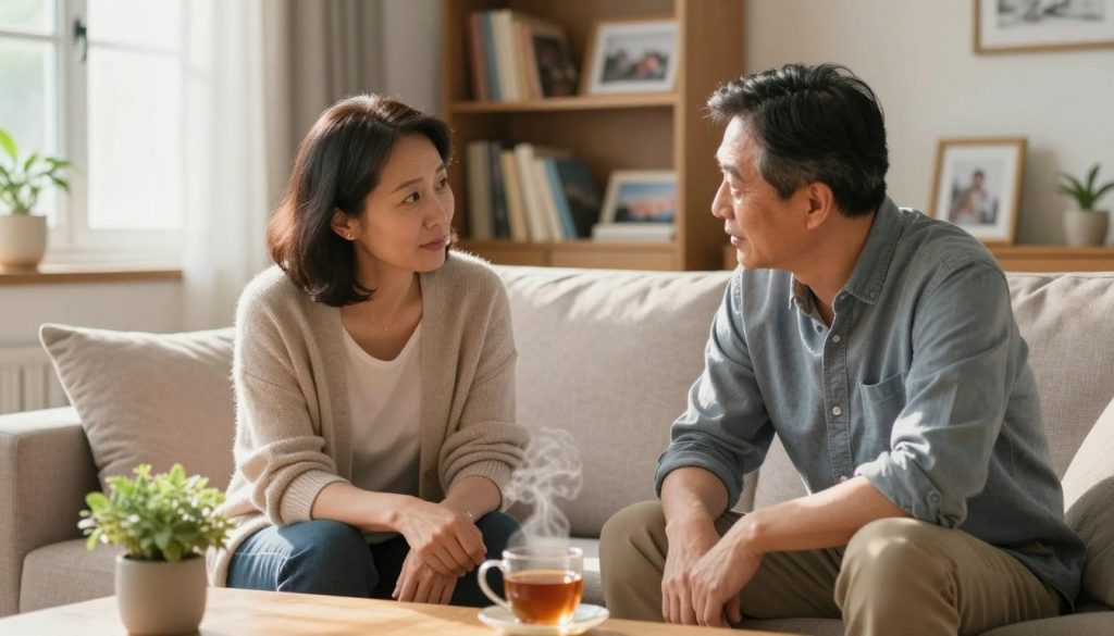 A warm and inviting scene depicting two individuals engaged in a supportive conversation in a cozy, well-lit living room. In the foreground, a middle-aged woman wearing a soft cardigan and a middle-aged man in a casual button-up shirt are sitting on a comfortable sofa, leaning towards each other, sharing empathetic expressions. The middle ground features a small coffee table with a steaming cup of tea and a potted plant, enhancing the intimate atmosphere. In the background, a bookshelf filled with books and framed photographs adds a personal touch, while soft, natural light filters through a nearby window, casting a gentle glow over the scene. The overall mood is serene and supportive, evoking feelings of trust and understanding.