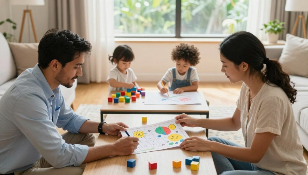 A warm, inviting living room scene showcasing a diverse couple engaged in a collaborative childcare meeting. In the foreground, a father in business casual attire and a mother in professional attire sit at a coffee table, reviewing a colorful chart that outlines their caregiving responsibilities. Children's toys are scattered around, adding a sense of family life. In the middle, a toddler plays with blocks, while another child draws on a large piece of paper. The background features a sunlit window with greenery outside, casting soft, natural light that creates a friendly atmosphere. Use a wide angle lens for a spacious feel, capturing the essence of shared caregiving dynamics, emphasizing teamwork, and support within a family setting.