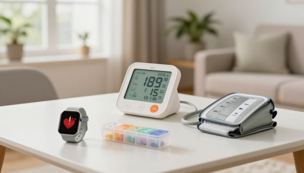 An inviting home setting showcasing various elderly health tracking devices on a sleek modern table. In the foreground, a smartwatch with a large, easy-to-read display and a heart rate monitor, alongside a pill organizer with color-coded compartments. In the middle, a digital health monitor displaying vital signs and a wireless blood pressure cuff. In the background, soft natural light streams through a window, illuminating a cozy living room with gentle greenery, conveying a sense of calm and safety. The atmosphere is warm and reassuring, emphasizing independence and empowerment for seniors. The composition captures a practical yet aesthetically pleasing arrangement, highlighting technology designed specifically for elderly health monitoring.