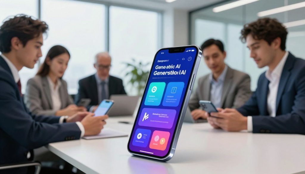 A sleek modern smartphone is displayed prominently in the foreground, showcasing its vibrant touch screen that glows with generative AI apps. In the middle ground, a diverse group of professionals in business attire are engaged around a table, analyzing and discussing advanced smartphone features. In the background, a high-tech office environment with large windows allows natural light to flood the scene, enhancing a sense of innovation and productivity. The lighting is bright and inviting, emphasizing the smartphone's sleek design and advanced technology. Capture the atmosphere of collaboration and excitement about cutting-edge technology, with a focus on the dynamic interaction between the professionals and their devices. The perspective is slightly angled to emphasize depth, drawing the viewer's eye to the smartphone and the engaged team.
