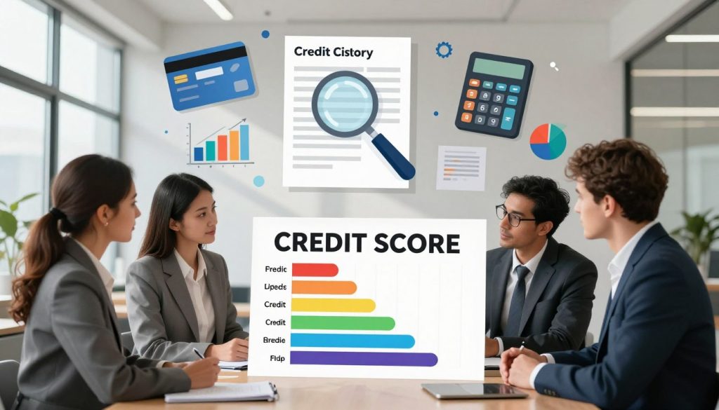A visually engaging illustration depicting the concept of credit scores. In the foreground, a diverse group of three professionals in business attire, two women and one man, are discussing a large, colorful chart representing credit score ranges and factors like payment history, credit utilization, and length of credit history. The middle ground features floating icons symbolizing credit cards, a magnifying glass inspecting a credit report, and a calculator surrounded by graphs and pie charts that convey data analysis. The background is a sleek office environment with large windows allowing natural light to pour in, casting gentle shadows. The overall atmosphere is informative and collaborative, designed to evoke understanding and professionalism. A visually engaging illustration depicting the concept of credit scores. In the foreground, a diverse group of three professionals in business attire, two women and one man, are discussing a large, colorful chart representing credit score ranges and factors like payment history, credit utilization, and length of credit history. The middle ground features floating icons symbolizing credit cards, a magnifying glass inspecting a credit report, and a calculator surrounded by graphs and pie charts that convey data analysis. The background is a sleek office environment with large windows allowing natural light to pour in, casting gentle shadows. The overall atmosphere is informative and collaborative, designed to evoke understanding and professionalism.