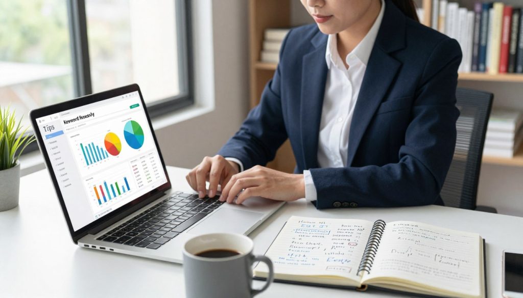 A visually engaging workspace scene illustrating keyword research tips. In the foreground, a well-organized desk featuring a laptop open to a keyword analysis tool, showcasing colorful graphs and data. Nearby, a notebook filled with handwritten notes on keyword strategies, and a coffee mug, suggesting creativity and focus. In the middle ground, a professional individual dressed in business attire, focused on the laptop screen, exuding determination and expertise. The background features a large window with natural light flooding the room, illuminating a bookshelf filled with marketing books and resources. The mood is productive and inspiring, emphasizing innovation and strategic thinking in digital marketing. The scene is shot from a slightly elevated angle to capture both the individual and the desk layout effectively.
